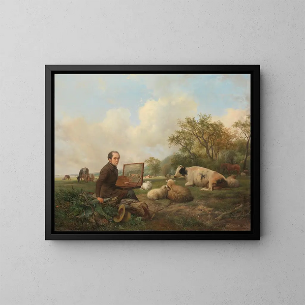 L'artiste painting a cow in a meadow - Hendrikus van de Sande Bakhuyzen — framed artwork on a wall