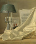 van een stilleven met een lampje, een partituur, een viool of een cistre en een satijnen doek op een stenen rand - Henri-Horace Roland Delaporte — weergave van het kunstwerk