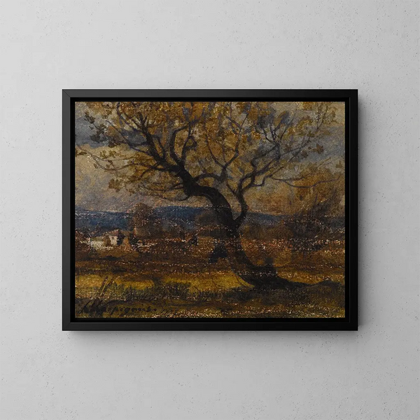 Study of a shrub in the background of some thatched cottages - Henri-Joseph Harpignies — framed artwork on a wall