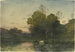 Lumière du soir sur une rive boisée avec des bovins buvant - Henri-Joseph Harpignies — weergave van het kunstwerk
