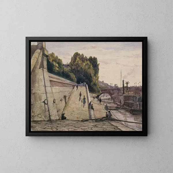 Les Bains de la Samaritaine, the Seine on the Quai du Louvre, 1st arrondissement - Henri-Joseph Harpignies — framed artwork on a wall