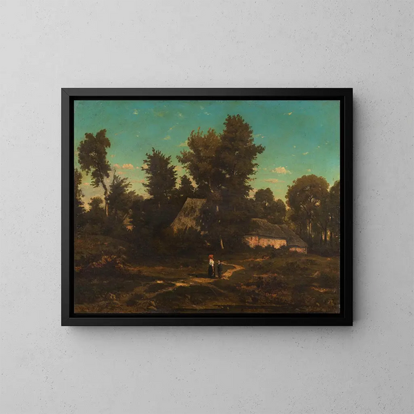 Landscape with thatched cottages - Henri-Joseph Harpignies — framed artwork on a wall