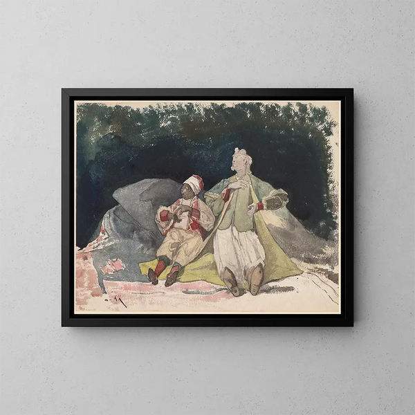 Two dolls or puppets sitting on cushions - Henri-Joseph Harpignies — framed artwork on a wall