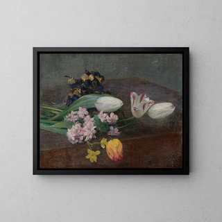 Jacinthen, tulpen en viooltjes gelegd op een tafel - Henri Fantin-Latour — ingelijst kunstwerk aan de muur