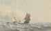 Uitzicht op de volle zee met drie zeilboten - Henri Le Hon — weergave van het kunstwerk