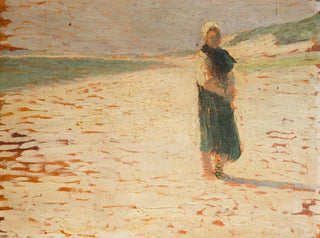 Vrouw in traditionele kleding staand op een strand - Henri Martin — weergave van het kunstwerk