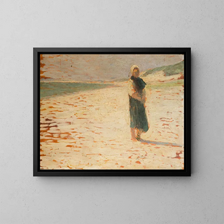 Vrouw in traditionele kleding staand op een strand - Henri Martin — ingelijst kunstwerk aan de muur