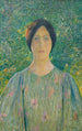 Jonge vrouw met bloemenjurk - Henri Martin — weergave van het kunstwerk