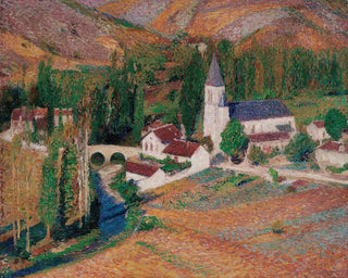 L'église de Labastide-du-Vert avec le pont et la rivière un soir d'automne - Henri Martin — weergave van het kunstwerk