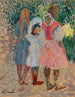 Drie kleine meisjes in de tuin op een zomermorgen - Henri Martin — weergave van het kunstwerk