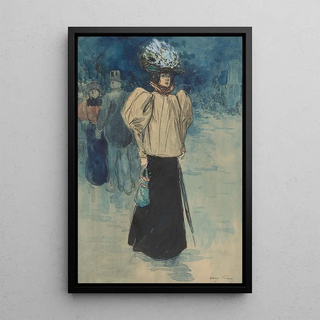 Henri Somm - Parisian Street Scene with a Fashionably Dressed Woman.webp