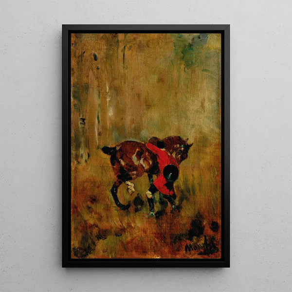 Cavalier de chasse à courre ressanglant son cheval - Henri de Toulouse-Lautrec — ingelijst kunstwerk aan de muur