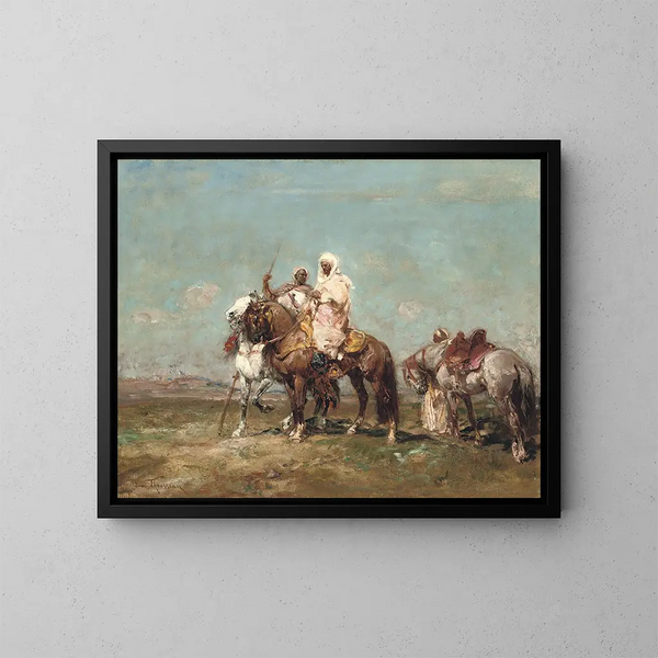 Cavaliers arabes dans le désert - Henri Émilien Rousseau — framed artwork on a wall