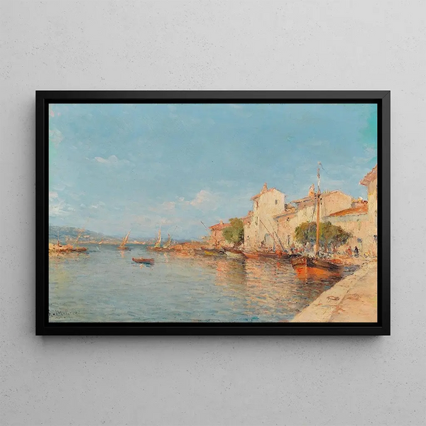 View of a summer port - Henry Malfroy — framed artwork on a wall
