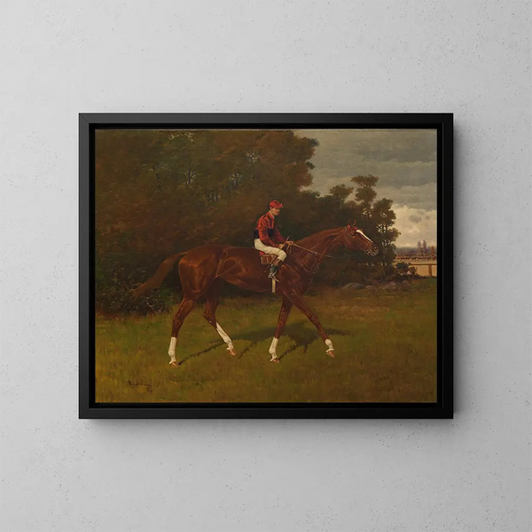 Charles Edward painting belonging to William H. Dubois with the jockey in the saddle - Henry Stull — framed artwork on a wall