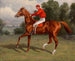 Paardensport schilderij bruin, mogelijk Chaos, winnaar van de Second Futurity Stakes met jockey in zadel - Henry Stull — weergave van het kunstwerk