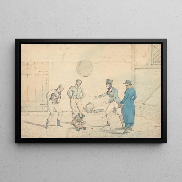 van een gevecht tussen hanen, bekeken door vier mannen in een schuur - Henry Thomas Alken — ingelijst kunstwerk aan de muur