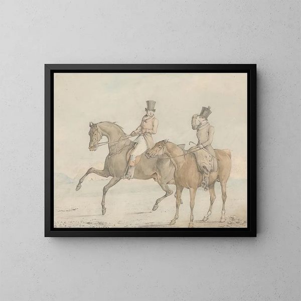 a gentleman on horseback with a stable hand and conversing - Henry Thomas Alken — framed artwork on a wall