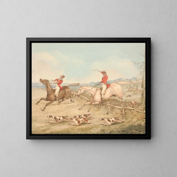 Sauter un oxer double Un cavalier en difficulté - Henry Thomas Alken — framed artwork on a wall