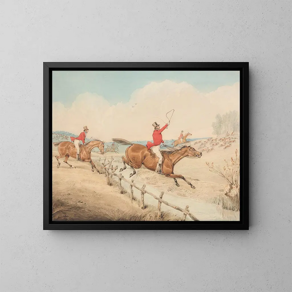 Sauter une barrière basse et un ruisseau - Henry Thomas Alken — framed artwork on a wall
