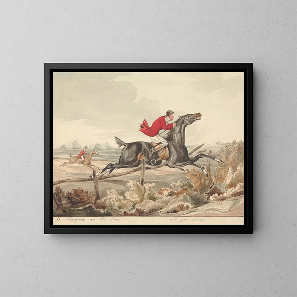 van Henry Thomas Alken's schilderij van gekwalificeerde paarden en niet-gekwalificeerde ruiters die met succes een houten hek oversteken — ingelijst kunstwerk aan de muur