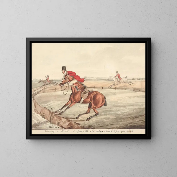 van gekwalificeerde paarden en niet-gekwalificeerde ruiters die tegenover een beek staan, volgens het oude gezegde "Kijk voordat je springt" - Henry Thomas Alken — ingelijst kunstwerk aan de muur
