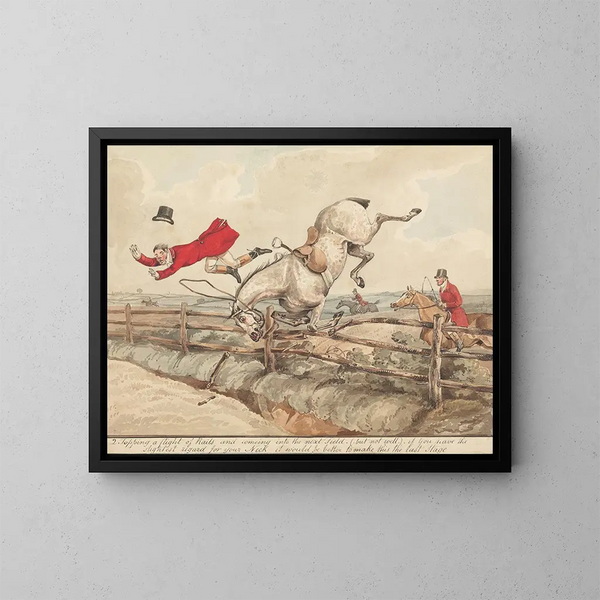 van Henry Thomas Alken's schilderij met gekwalificeerde paarden en niet-gekwalificeerde ruiters die een reeks stangen overschrijden — ingelijst kunstwerk aan de muur
