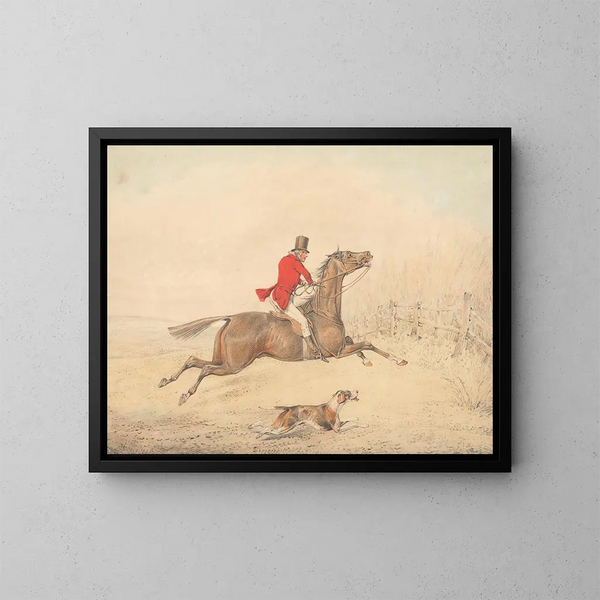 van Cavalier op een bruin paard dat op het punt staat een hek te springen rechts - Henry Thomas Alken — ingelijst kunstwerk aan de muur