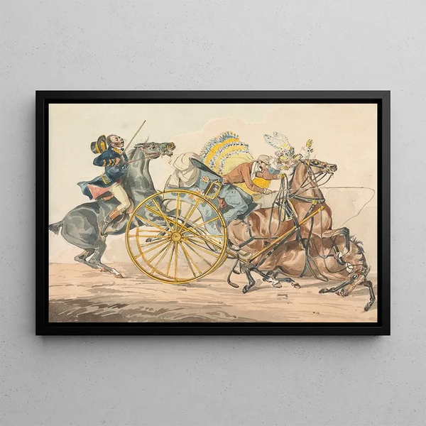 Discoveries in Sports or the Miseries of Driving, you discover a new way to reduce your crew - Henry Thomas Alken — framed artwork on a wall