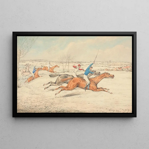 Springwedstrijd, Vijf ruiters galopperend naar rechts - Henry Thomas Alken — ingelijst kunstwerk aan de muur