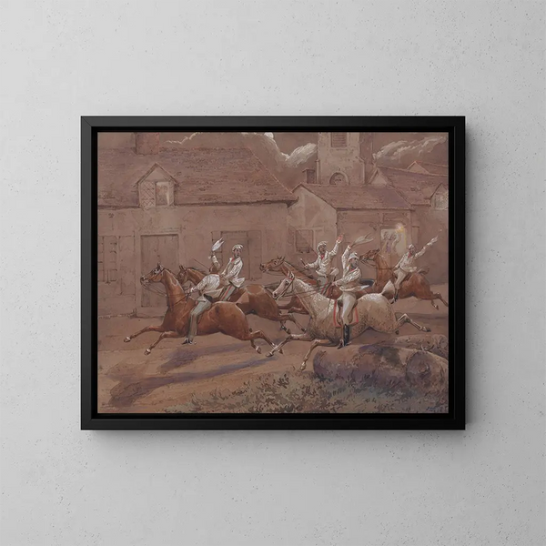 van de Nachtelijke ruiters van Nacton, het einde van de kerk en het dorp Nacton - Henry Thomas Alken — ingelijst kunstwerk aan de muur
