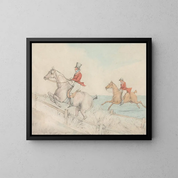 van Twee ruiters die een dubbele hindernis oversteken - Henry Thomas Alken — ingelijst kunstwerk aan de muur