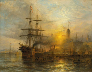 Henry Thomas Dawson - A Danish steamer moored alongside a busy dock.webp