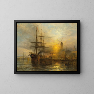 Henry Thomas Dawson - A Danish steamer moored alongside a busy dock.webp