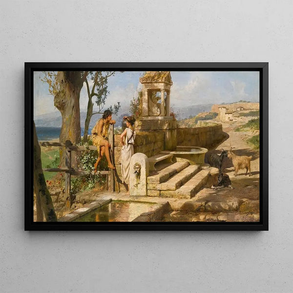 Gesprek bij de bron - Henryk Siemiradzki — ingelijst kunstwerk aan de muur