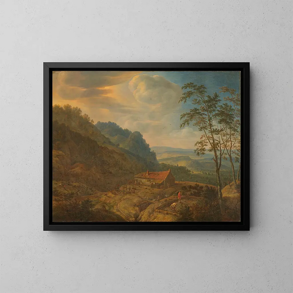 Mountain landscape painting with farm - Herman Saftleven — framed artwork on a wall