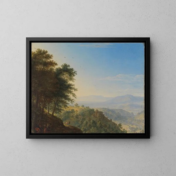 Mountain landscape painting near Boppard on the Rhine - Herman Saftleven — framed artwork on a wall
