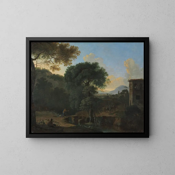 Landscape Painting with Travelers - Herman van Swanevelt — framed artwork on a wall