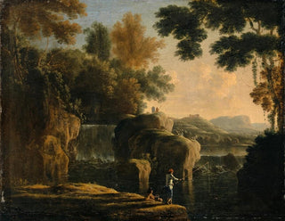 Herman van Swanevelt - Waterfall with Fishermen.webp