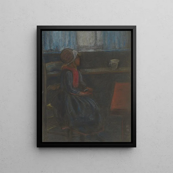 Girl in profile looking out the window to the right - Hermann Lismann — framed artwork on a wall
