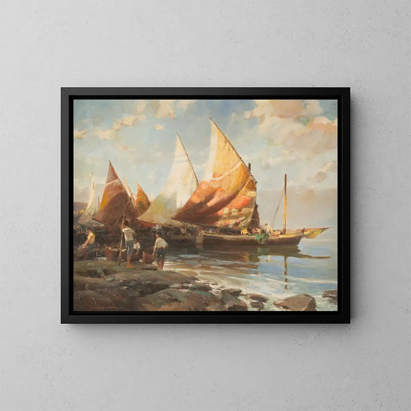 Vissers op het strand - Hermann Schmidtmann — ingelijst kunstwerk aan de muur