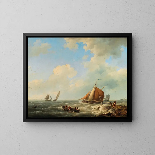 Fishermen on the Shore - Hermanus Koekkoek — framed artwork on a wall