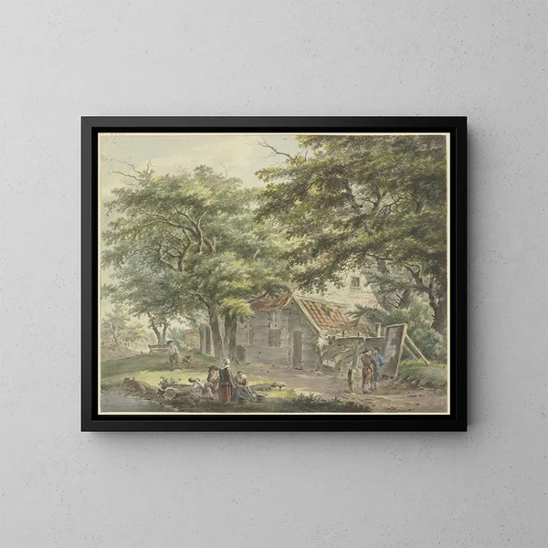 Farm under Trees, on the left a man with a wheelbarrow - Hermanus van Brussel — framed artwork on a wall