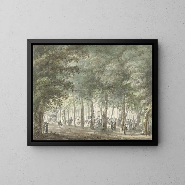 View in the Haarlemmerhout with a crowd in front of the inn of the lords - Hermanus van Brussel — framed artwork on a wall