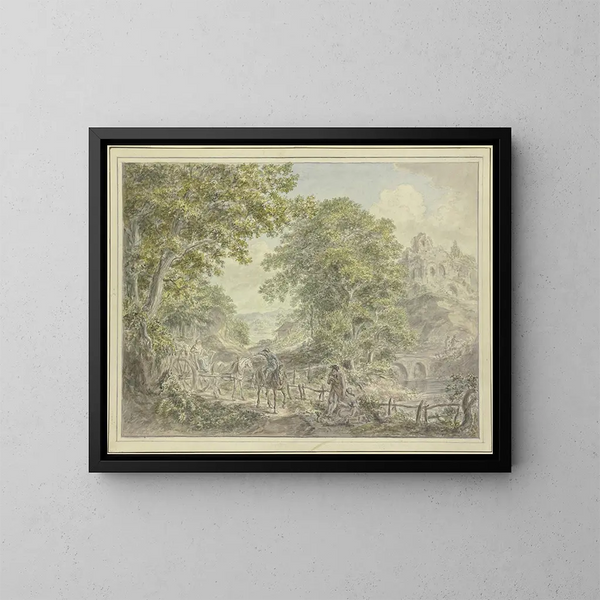 Landscape wooded with a two-horse cart on the left - Hermanus van Brussel — framed artwork on a wall