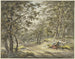 Weg door het bos, langs een boomgaard, met een boer en een boerin die rusten met hun manden - Hermanus van Brussel — weergave van het kunstwerk