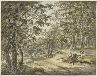 Hermanus van Brussel - Weg durch den Wald an einem Gehft vorbei vorn ein ruhender Bauer und Buerin mit ihren Krben.webp