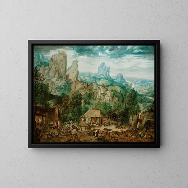 Landscape with a Foundry - Herri met de Bles — framed artwork on a wall