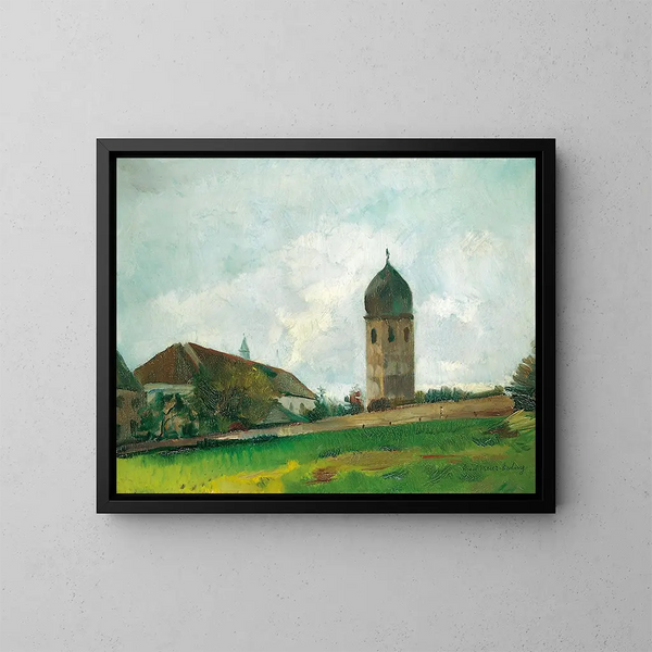 Building of the monastery with bell tower, women’s island - Hiasl Maier-Erding — framed artwork on a wall