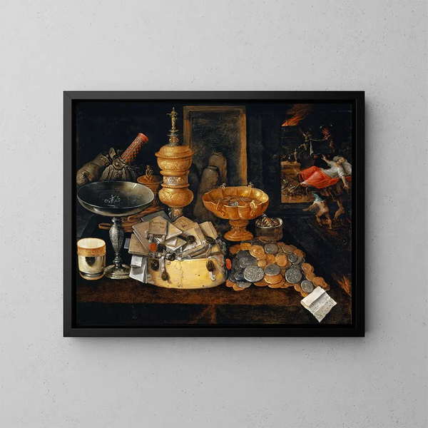 Richesses et la mort de l'avare Nature morte - Hieronymus Francken II — framed artwork on a wall